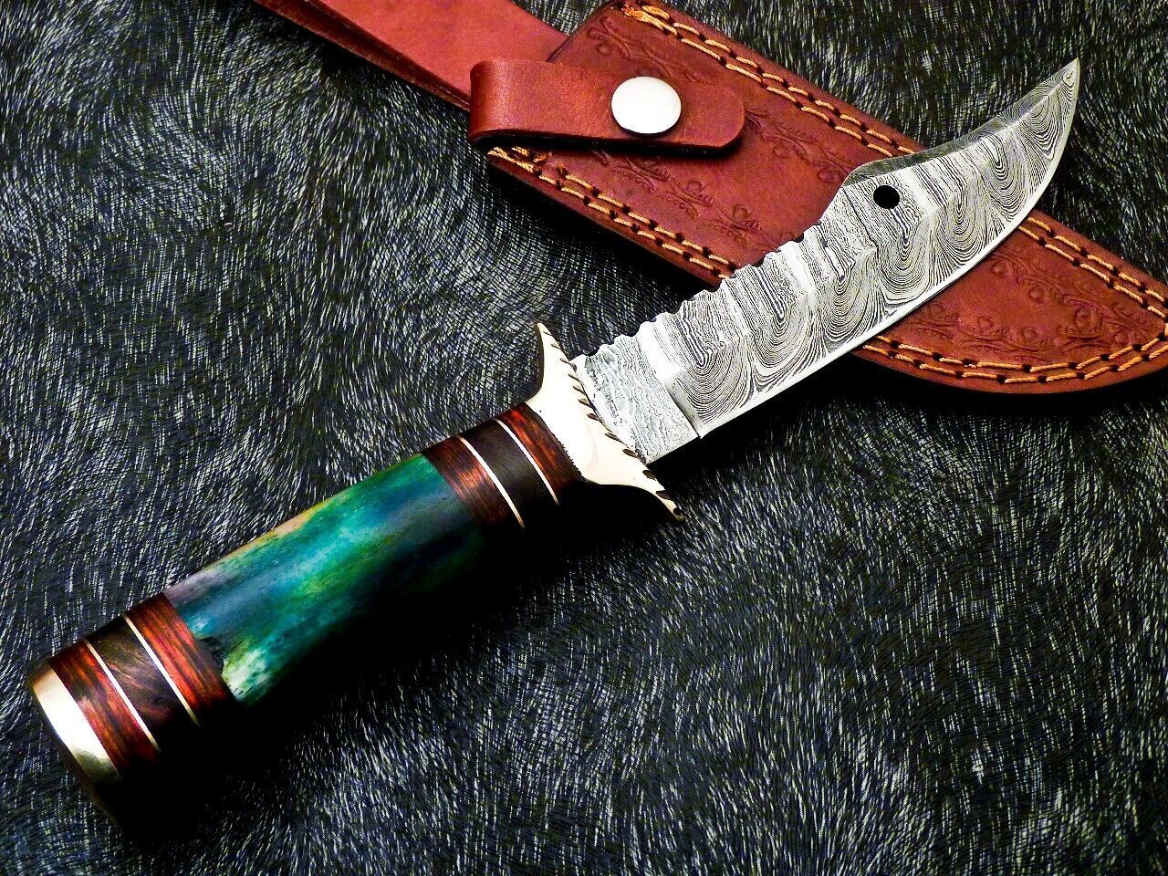 Heritage Forge 10 Inch Handmade Damascus Steel Camping Bowie Knife with Camel Bone and Hardwood Handle