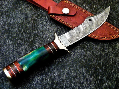 Heritage Forge 10 Inch Handmade Damascus Steel Camping Bowie Knife with Camel Bone and Hardwood Handle