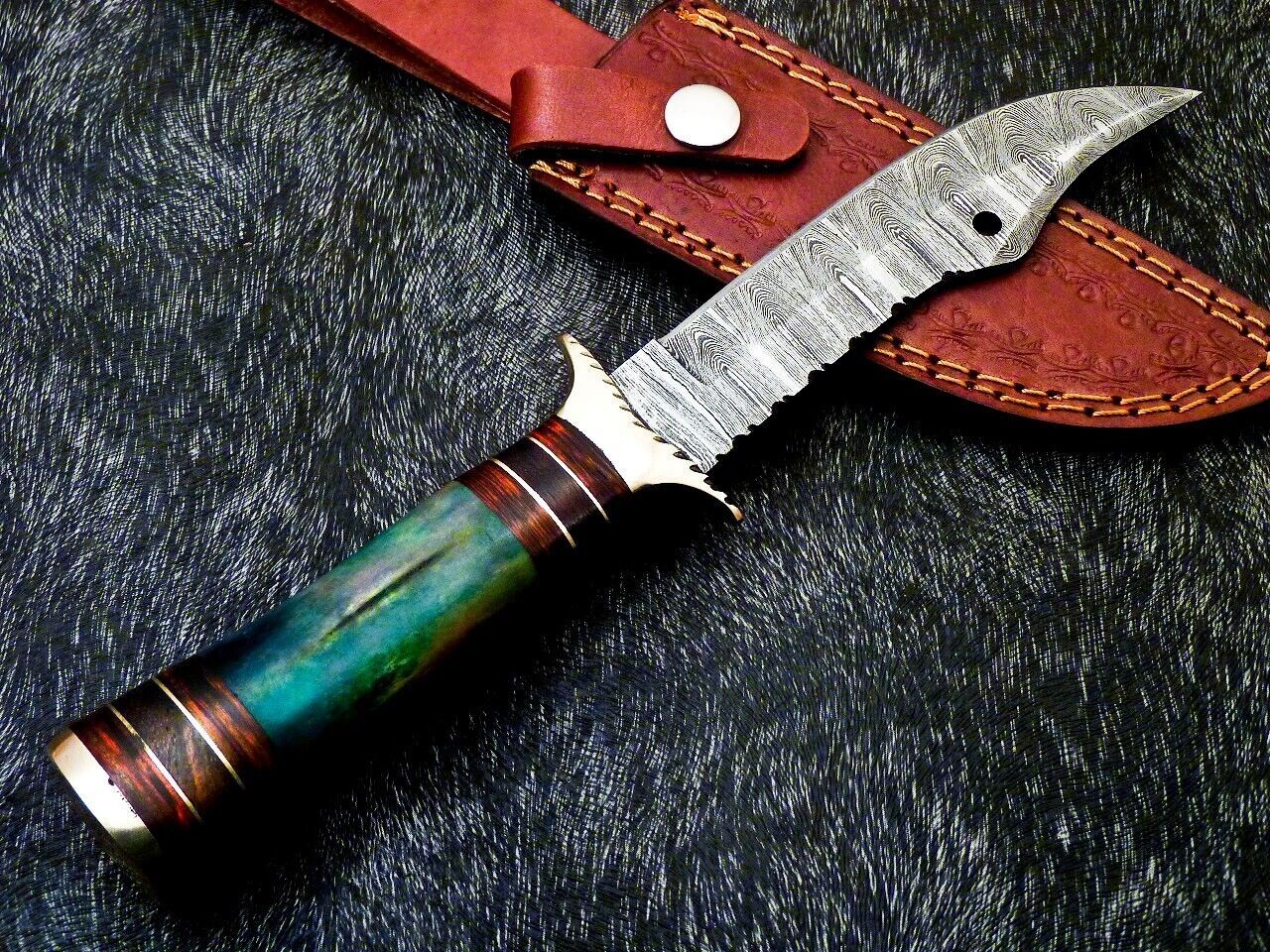 Heritage Forge 10 Inch Handmade Damascus Steel Camping Bowie Knife with Camel Bone and Hardwood Handle