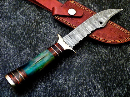 Heritage Forge 10 Inch Handmade Damascus Steel Camping Bowie Knife with Camel Bone and Hardwood Handle