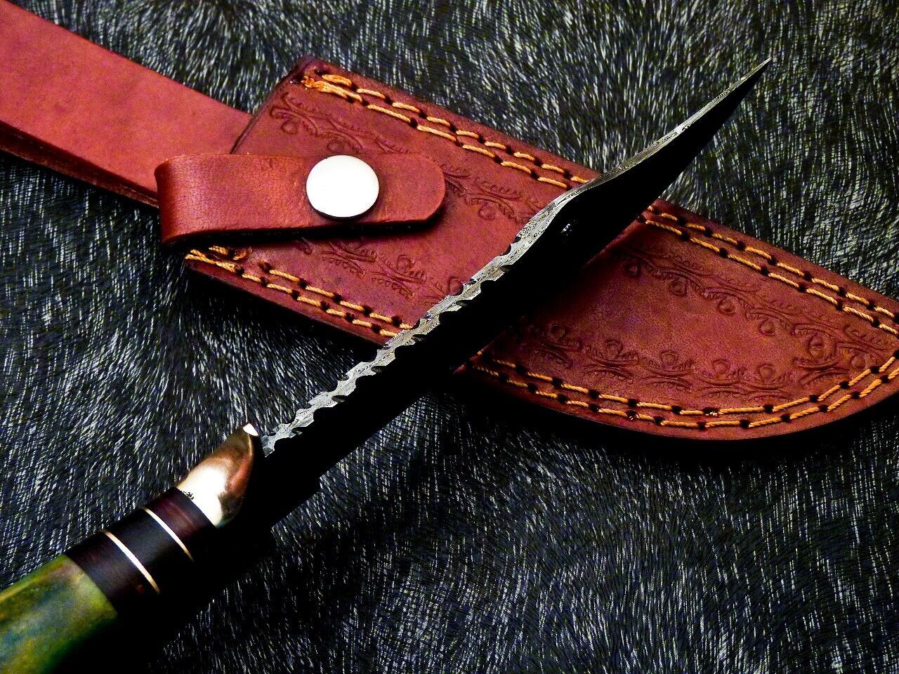Heritage Forge 10 Inch Handmade Damascus Steel Camping Bowie Knife with Camel Bone and Hardwood Handle
