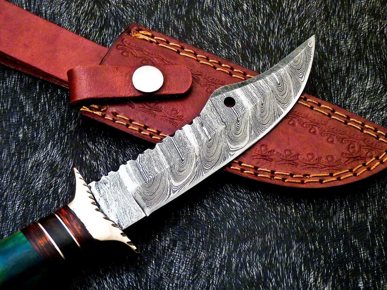 Heritage Forge 10 Inch Handmade Damascus Steel Camping Bowie Knife with Camel Bone and Hardwood Handle