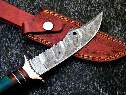 Heritage Forge 10 Inch Handmade Damascus Steel Camping Bowie Knife with Camel Bone and Hardwood Handle