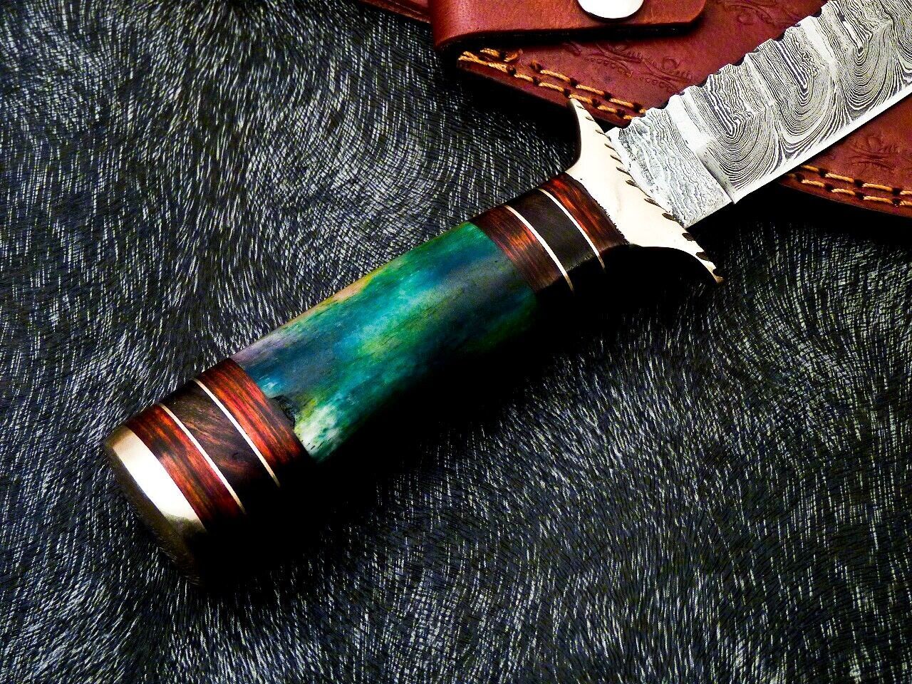 Heritage Forge 10 Inch Handmade Damascus Steel Camping Bowie Knife with Camel Bone and Hardwood Handle