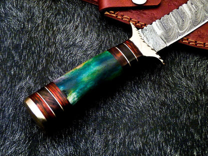 Heritage Forge 10 Inch Handmade Damascus Steel Camping Bowie Knife with Camel Bone and Hardwood Handle