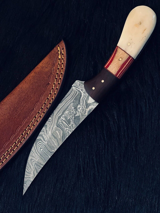 Heritage Forge 10.5 Inch Twist Damascus Steel Skinner Knife with Camel Bone and Natural Wood Handle