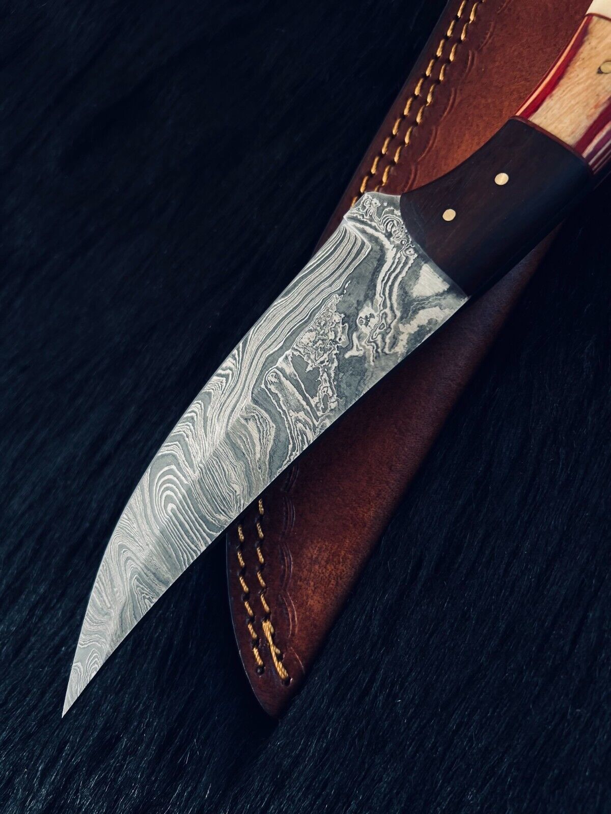 Heritage Forge 10.5 Inch Twist Damascus Steel Skinner Knife with Camel Bone and Natural Wood Handle