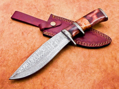12" Custom Damascus Steel Bowie Knife with Camel Bone Handle – Camping & Hunting Blade