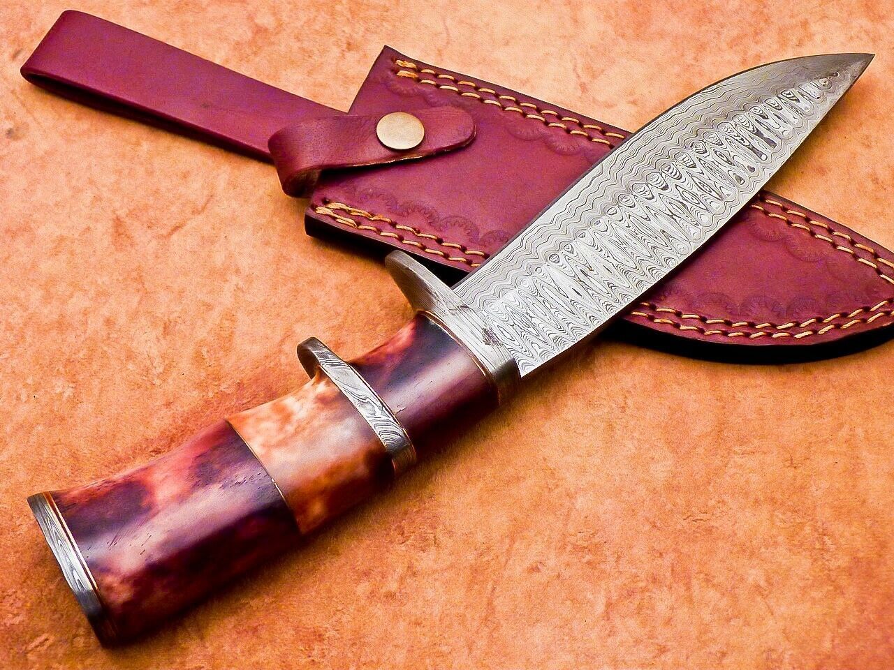 12" Custom Damascus Steel Bowie Knife with Camel Bone Handle – Camping & Hunting Blade