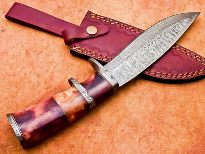 12" Custom Damascus Steel Bowie Knife with Camel Bone Handle – Camping & Hunting Blade