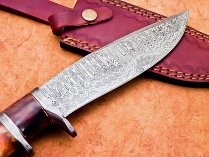 12" Custom Damascus Steel Bowie Knife with Camel Bone Handle – Camping & Hunting Blade