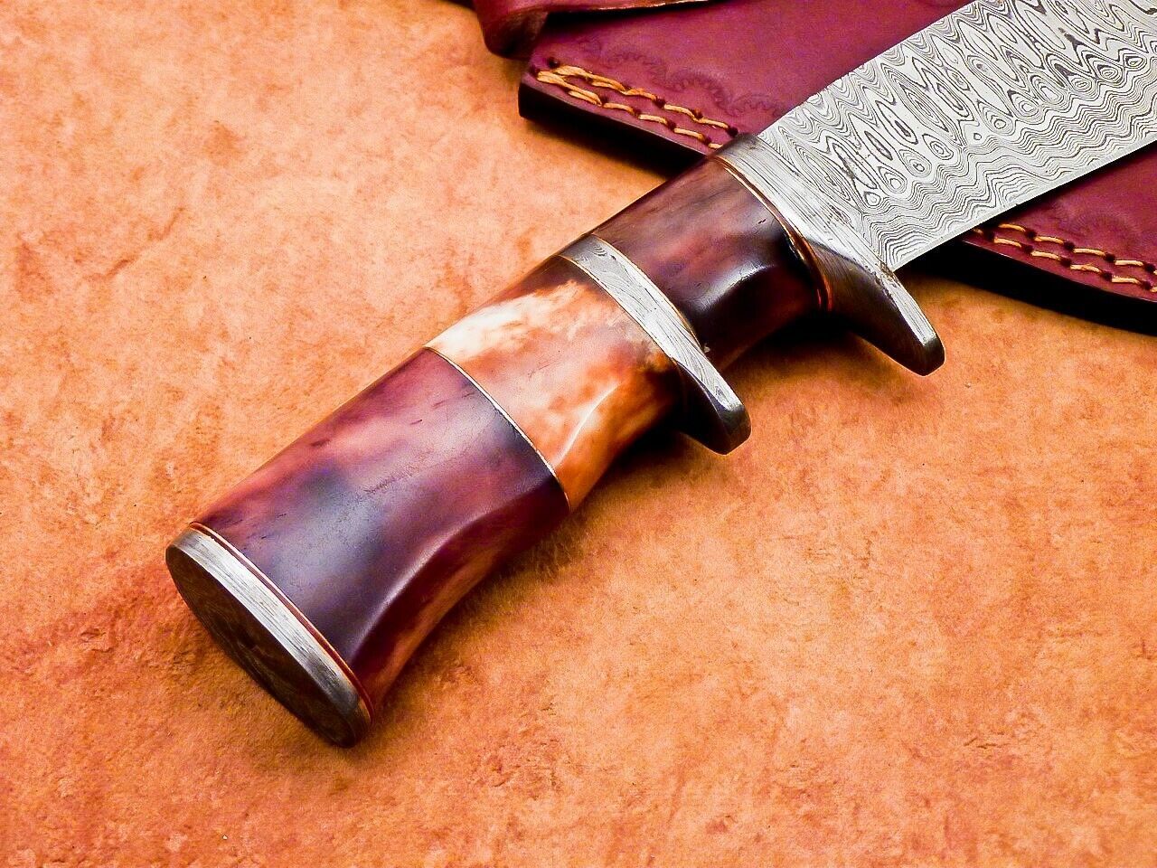 12" Custom Damascus Steel Bowie Knife with Camel Bone Handle – Camping & Hunting Blade
