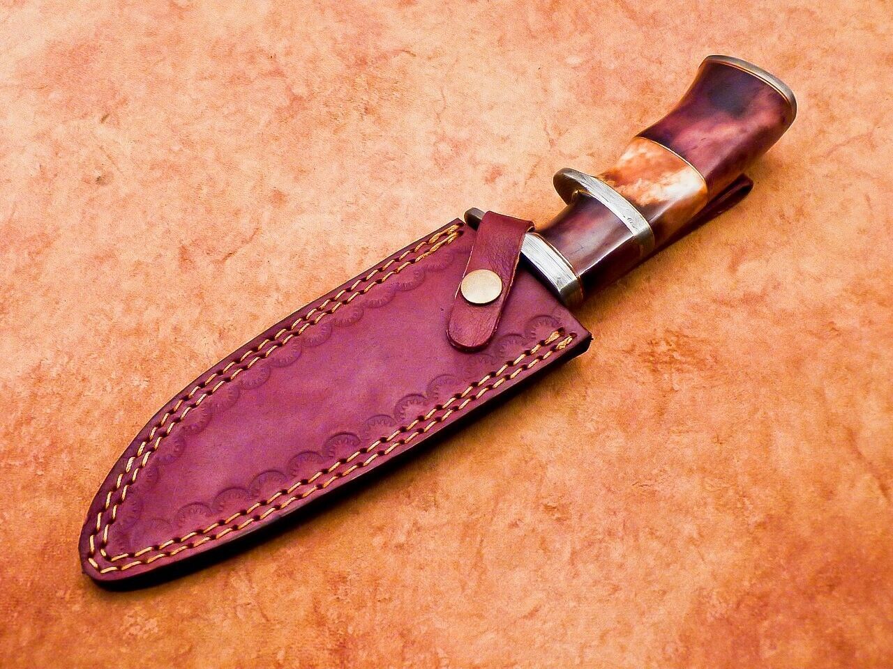 12" Custom Damascus Steel Bowie Knife with Camel Bone Handle – Camping & Hunting Blade