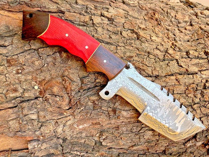 Custom Forged Damascus Steel Tracker Knife – Hunting, Camping, Bushcraft Boot Knife with Sheath