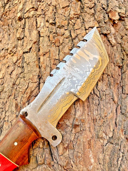 Custom Forged Damascus Steel Tracker Knife – Hunting, Camping, Bushcraft Boot Knife with Sheath