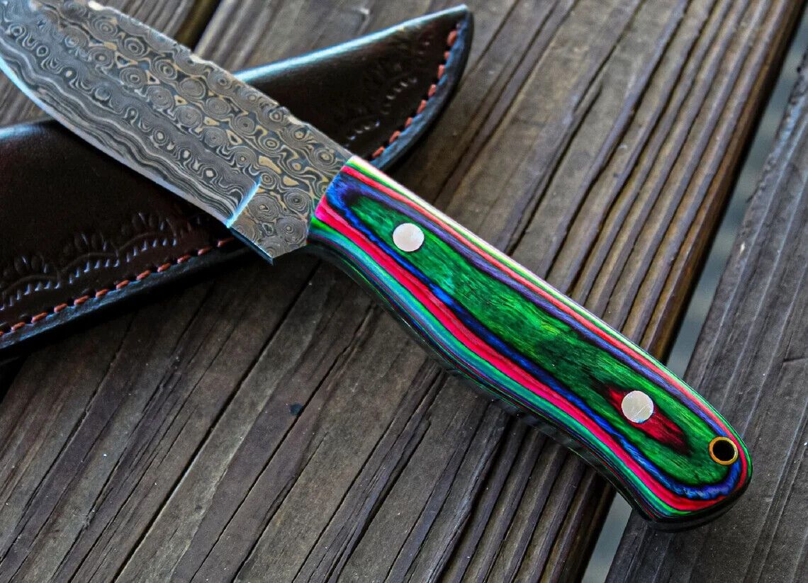 9 Inch Handmade Damascus Steel Bowie Knife with Rain Drop Wood Handle