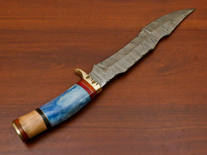 Handmade Damascus Bowie Knife – Stained Camel Bone & Wood Handle (14")