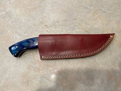 Damascus Tracker Survival Knife with Blue Wood & Carbon Fiber Handle – Leather Sheath