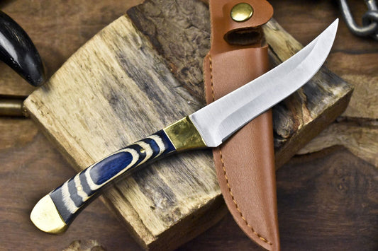 8" Handmade Skinner Knife AUS-8 Steel Hard Wood Handle Brass Bolster with Leather Sheath Survival