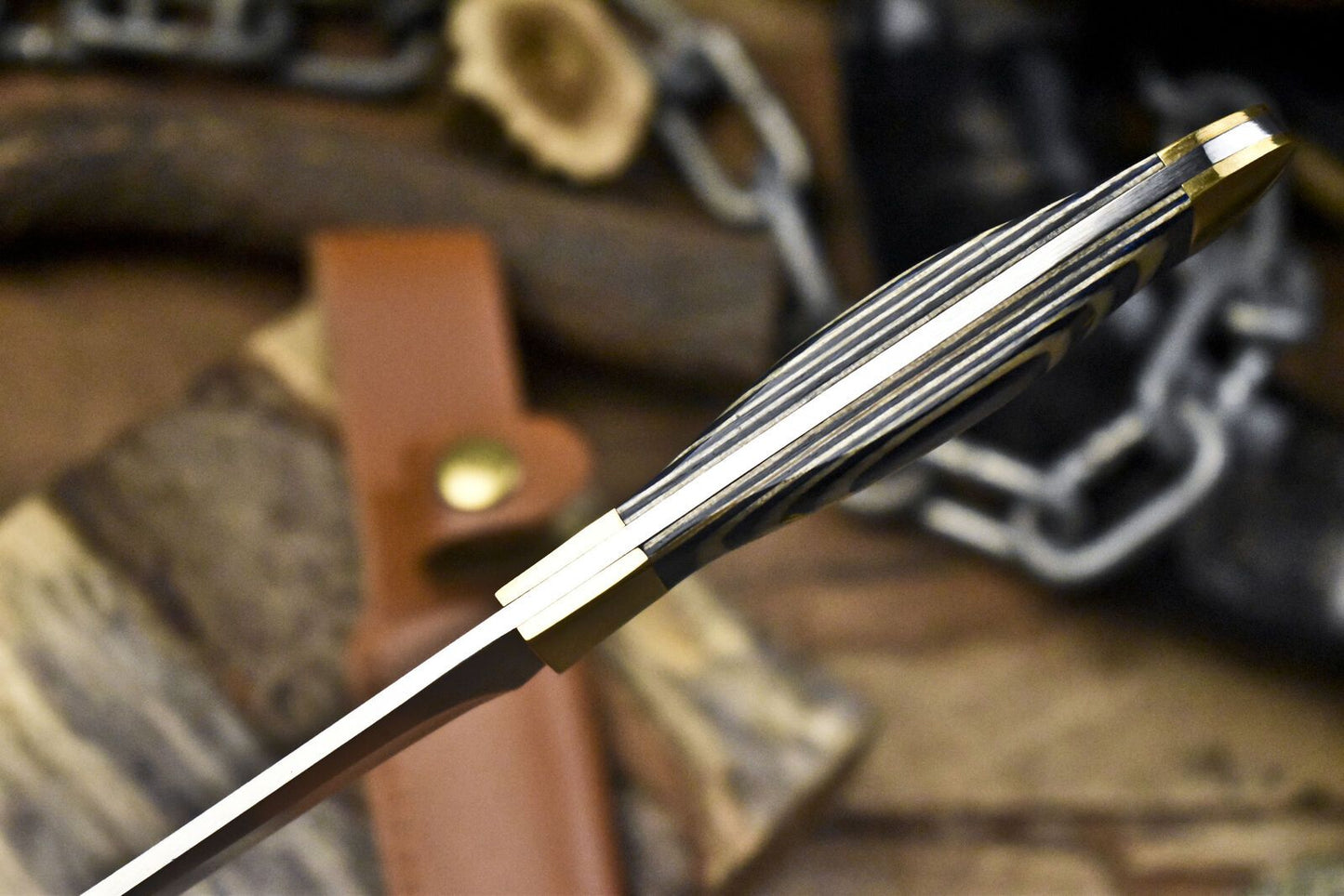 8" Handmade Skinner Knife AUS-8 Steel Hard Wood Handle Brass Bolster with Leather Sheath Survival