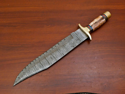 16 Inch Custom Hand Forged Damascus Steel Bowie Hunting Knife with Camel Bone Handle