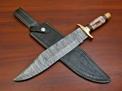 16 Inch Custom Hand Forged Damascus Steel Bowie Hunting Knife with Camel Bone Handle