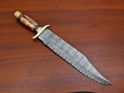 16 Inch Custom Hand Forged Damascus Steel Bowie Hunting Knife with Camel Bone Handle