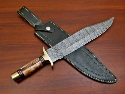 16 Inch Custom Hand Forged Damascus Steel Bowie Hunting Knife with Camel Bone Handle