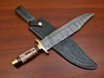 16 Inch Custom Hand Forged Damascus Steel Bowie Hunting Knife with Camel Bone Handle