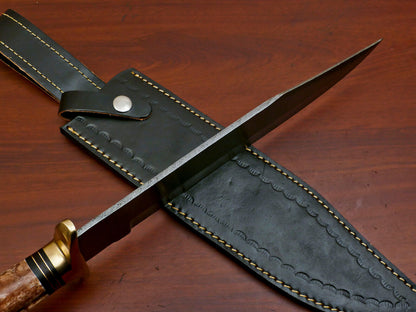 16 Inch Custom Hand Forged Damascus Steel Bowie Hunting Knife with Camel Bone Handle