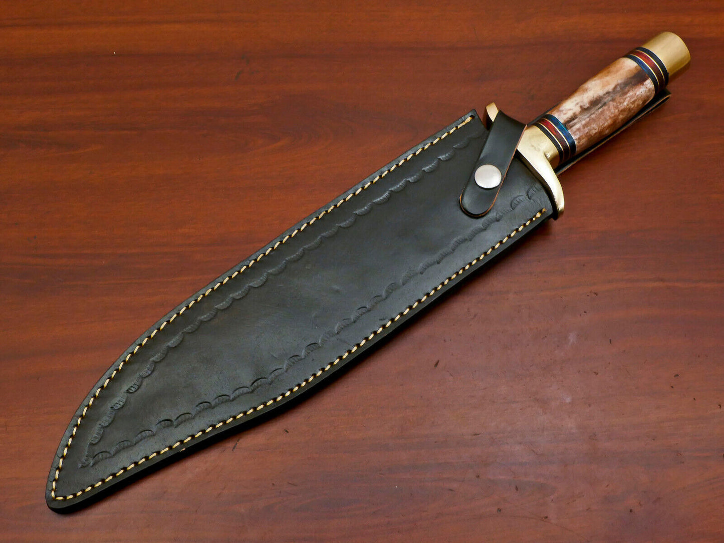16 Inch Custom Hand Forged Damascus Steel Bowie Hunting Knife with Camel Bone Handle