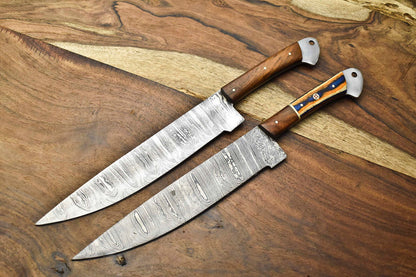 Lot of 2 Handmade Damascus Steel Chef Knives | Full Tang Kitchen Knive Set