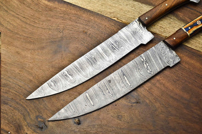 Lot of 2 Handmade Damascus Steel Chef Knives | Full Tang Kitchen Knive Set