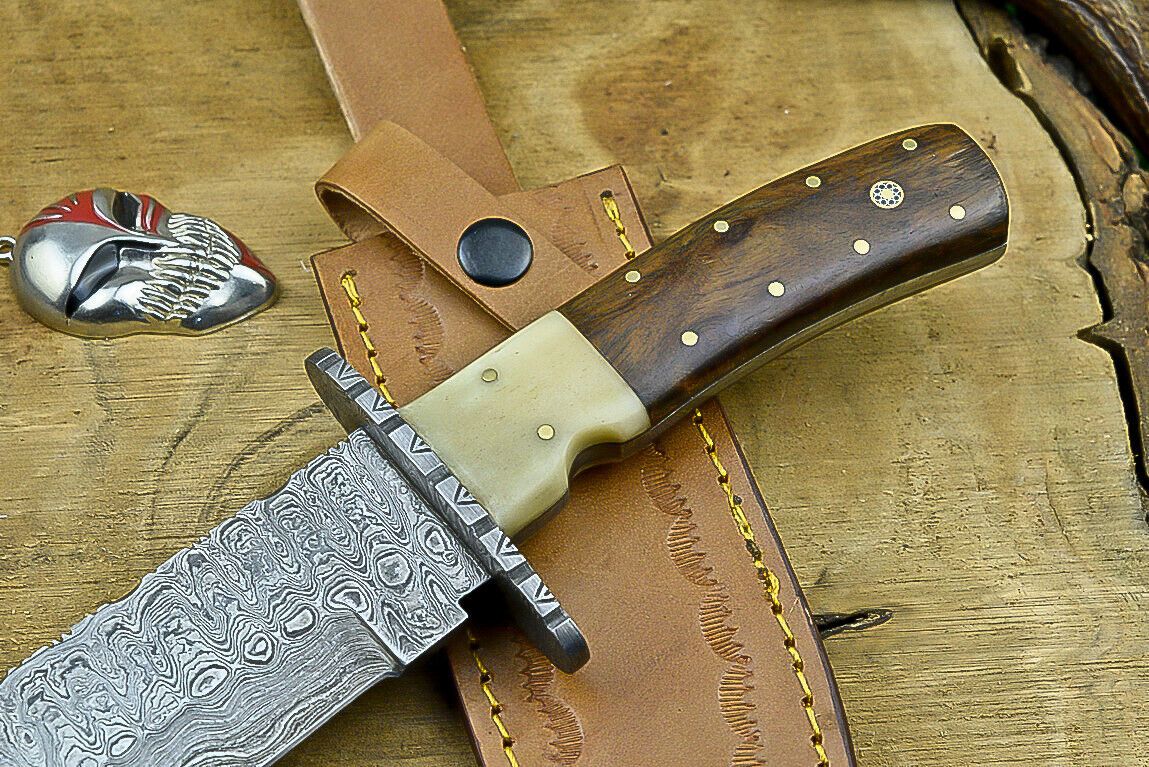 Heritage Forge 13 Inch Damascus Steel Bowie Knife with Wood Handle | Hand Forged Hunting Camping Knife