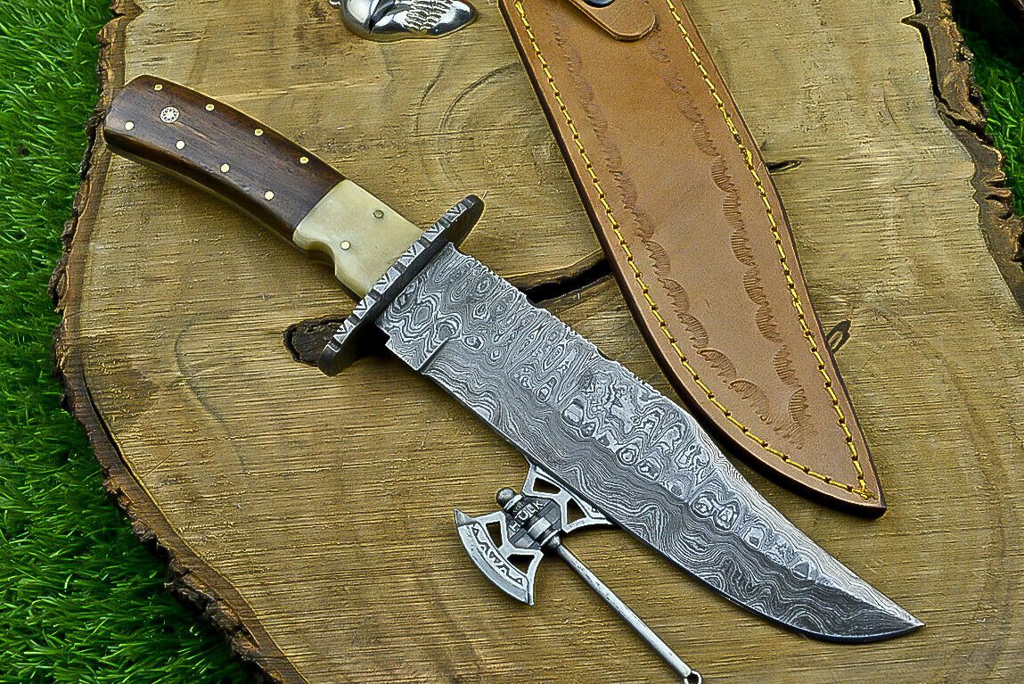Heritage Forge 13 Inch Damascus Steel Bowie Knife with Wood Handle | Hand Forged Hunting Camping Knife