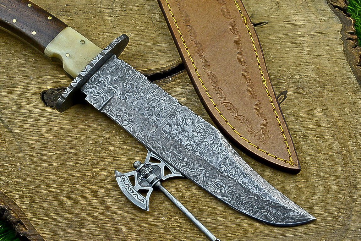 Heritage Forge 13 Inch Damascus Steel Bowie Knife with Wood Handle | Hand Forged Hunting Camping Knife