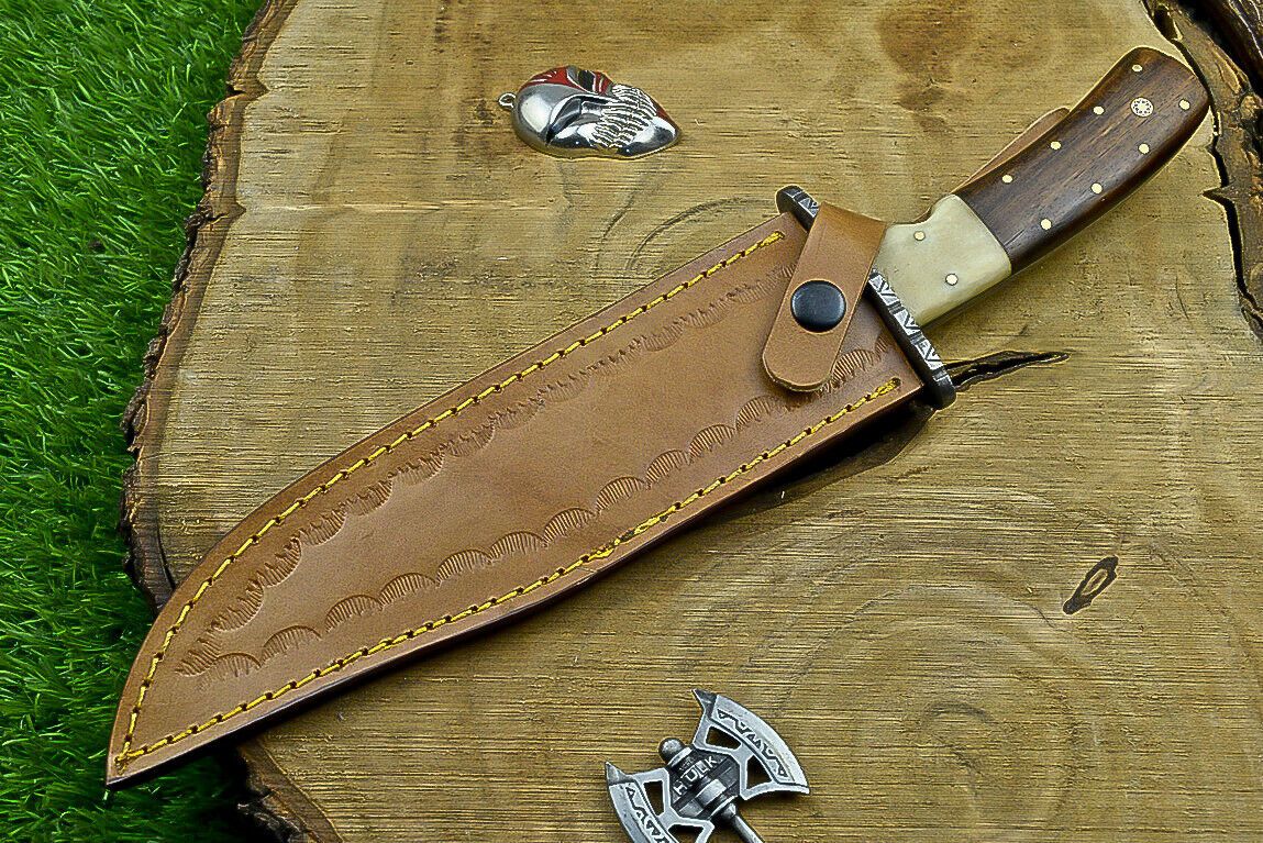 Heritage Forge 13 Inch Damascus Steel Bowie Knife with Wood Handle | Hand Forged Hunting Camping Knife