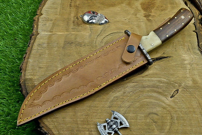 Heritage Forge 13 Inch Damascus Steel Bowie Knife with Wood Handle | Hand Forged Hunting Camping Knife