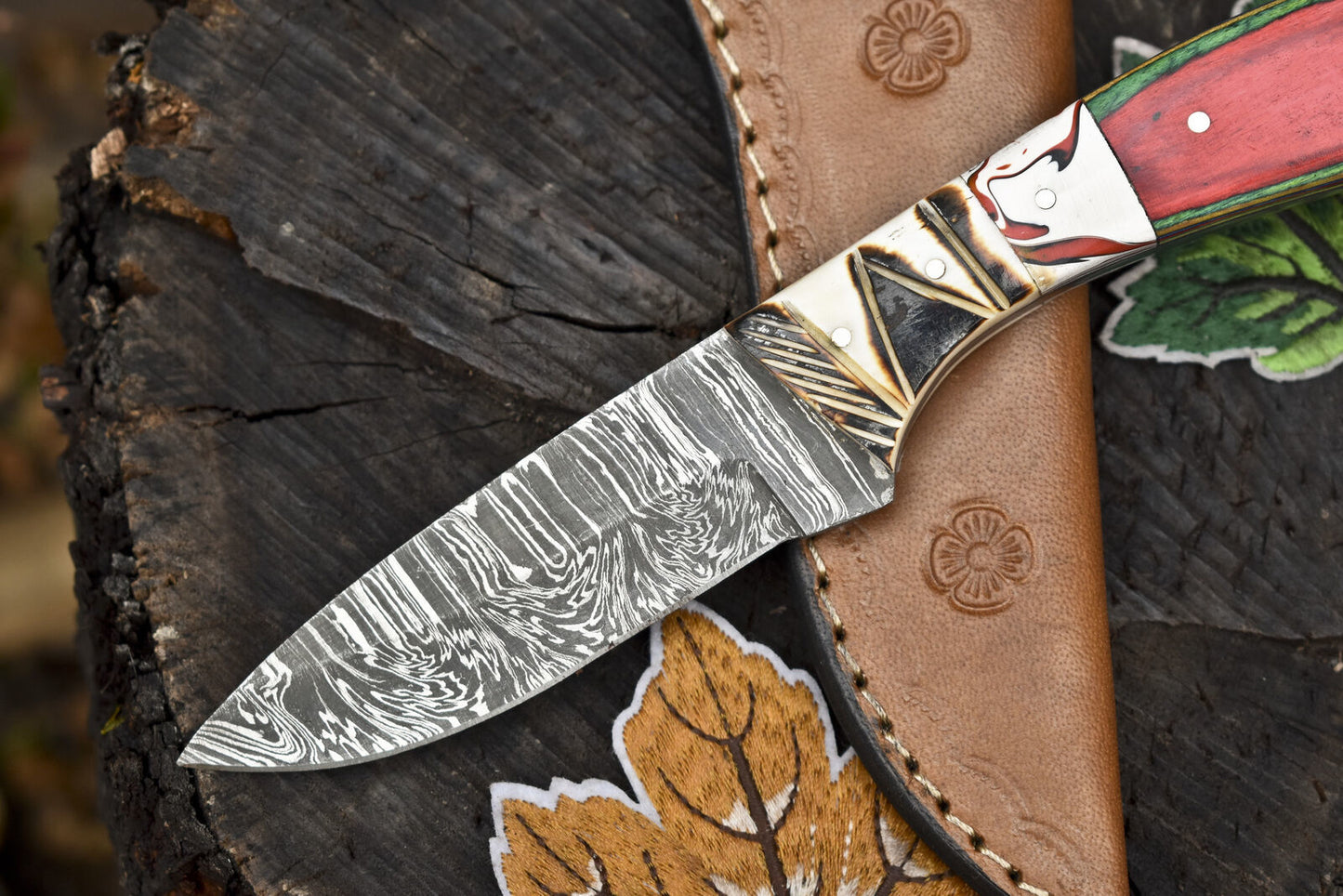 Twist Damascus Skinner Knife with Mixed Material Handle and Leather Sheath