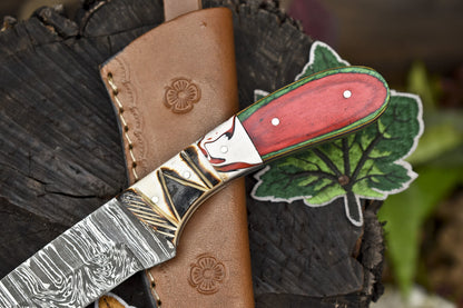 Twist Damascus Skinner Knife with Mixed Material Handle and Leather Sheath