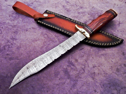 15 Inch Handmade Damascus Steel Bowie Knife with Natural Wood Handle by Heritage Forge