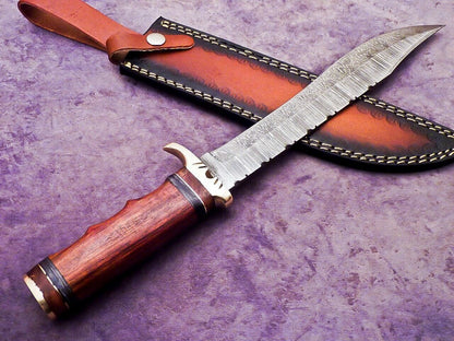 15 Inch Handmade Damascus Steel Bowie Knife with Natural Wood Handle by Heritage Forge