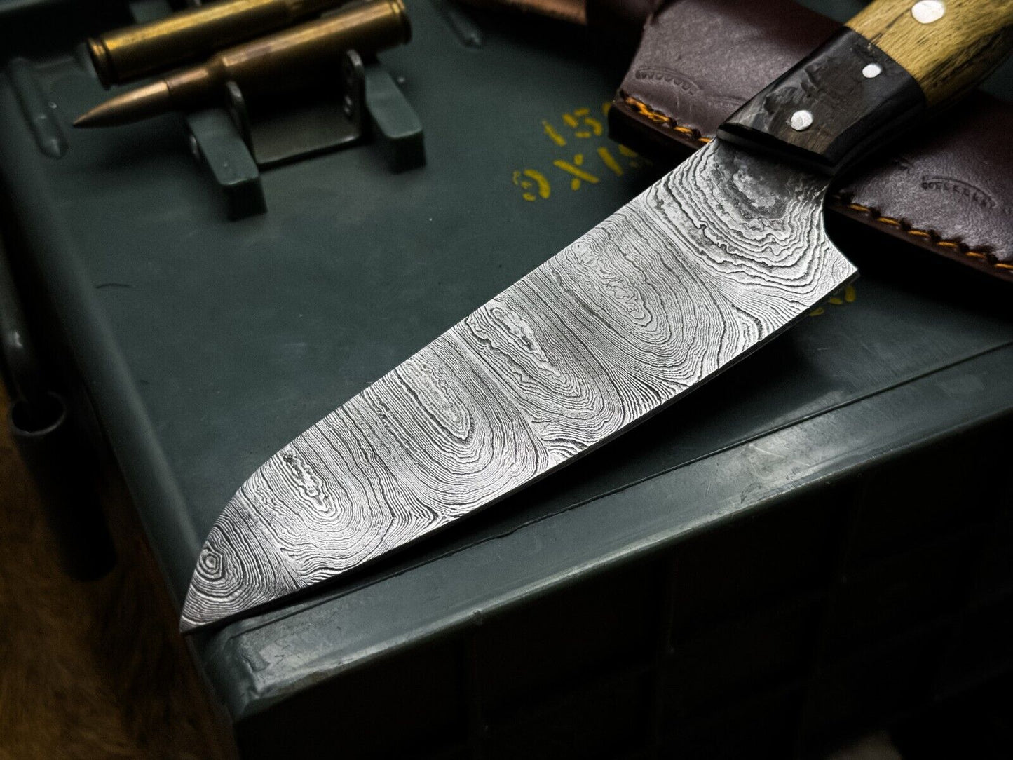 Handmade Damascus Steel Kitchen Chef Knife with Ram Horn Handle & Cow Leather Sheath