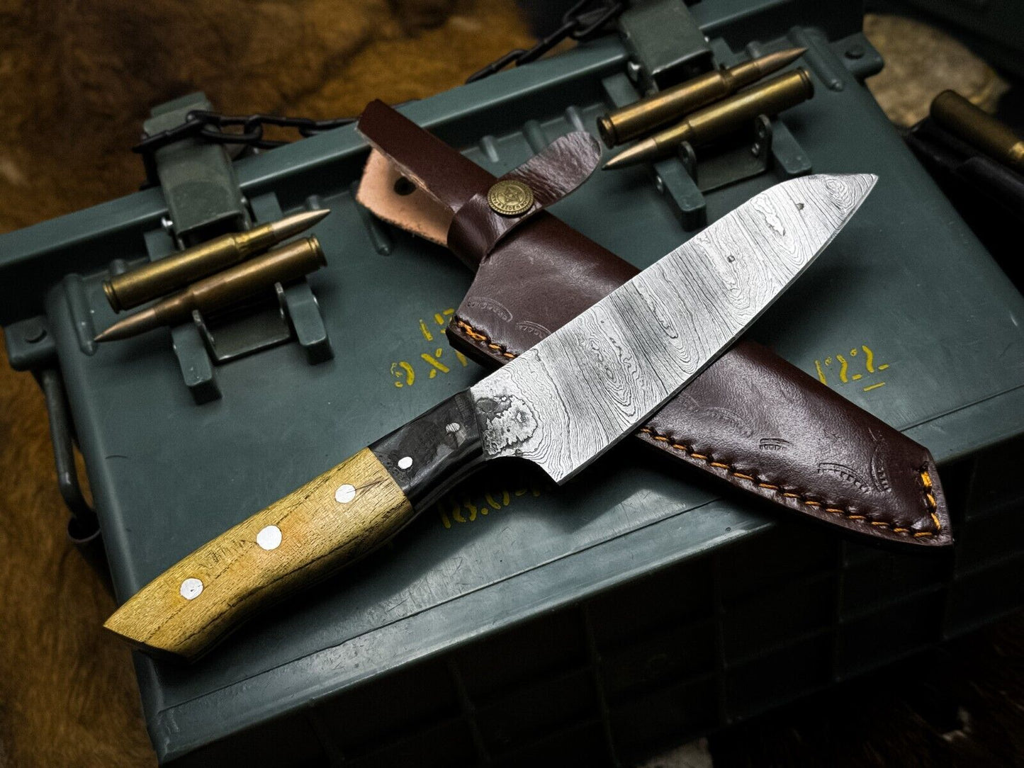 Handmade Damascus Steel Kitchen Chef Knife with Ram Horn Handle & Cow Leather Sheath