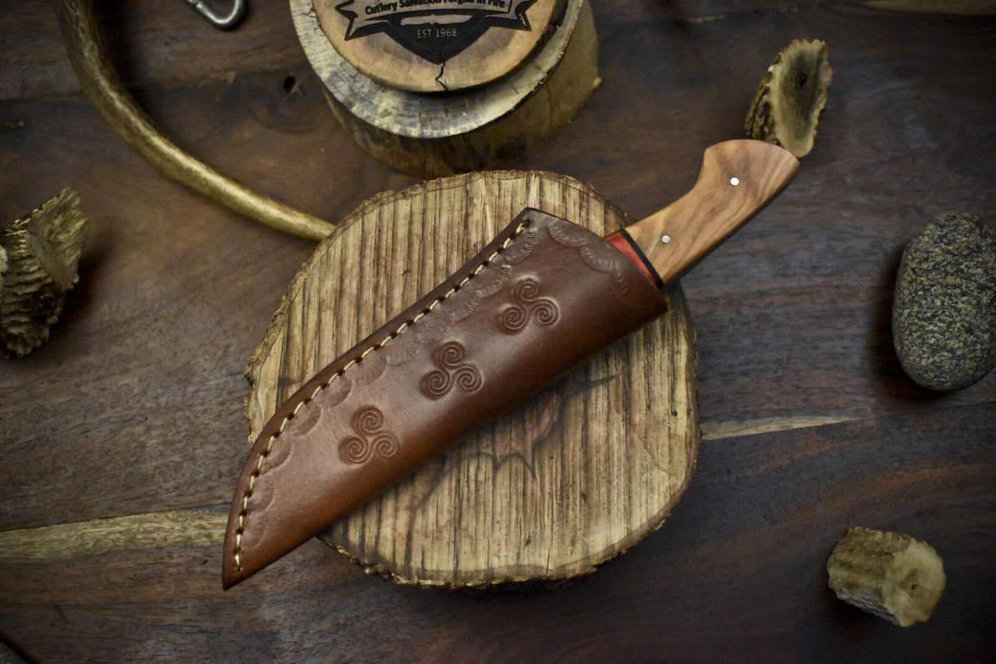 Forged Twist Damascus Skinner Knife with Hardwood Handle and Wooden Bolster – 8.5" Hunting and Fishing Blade
