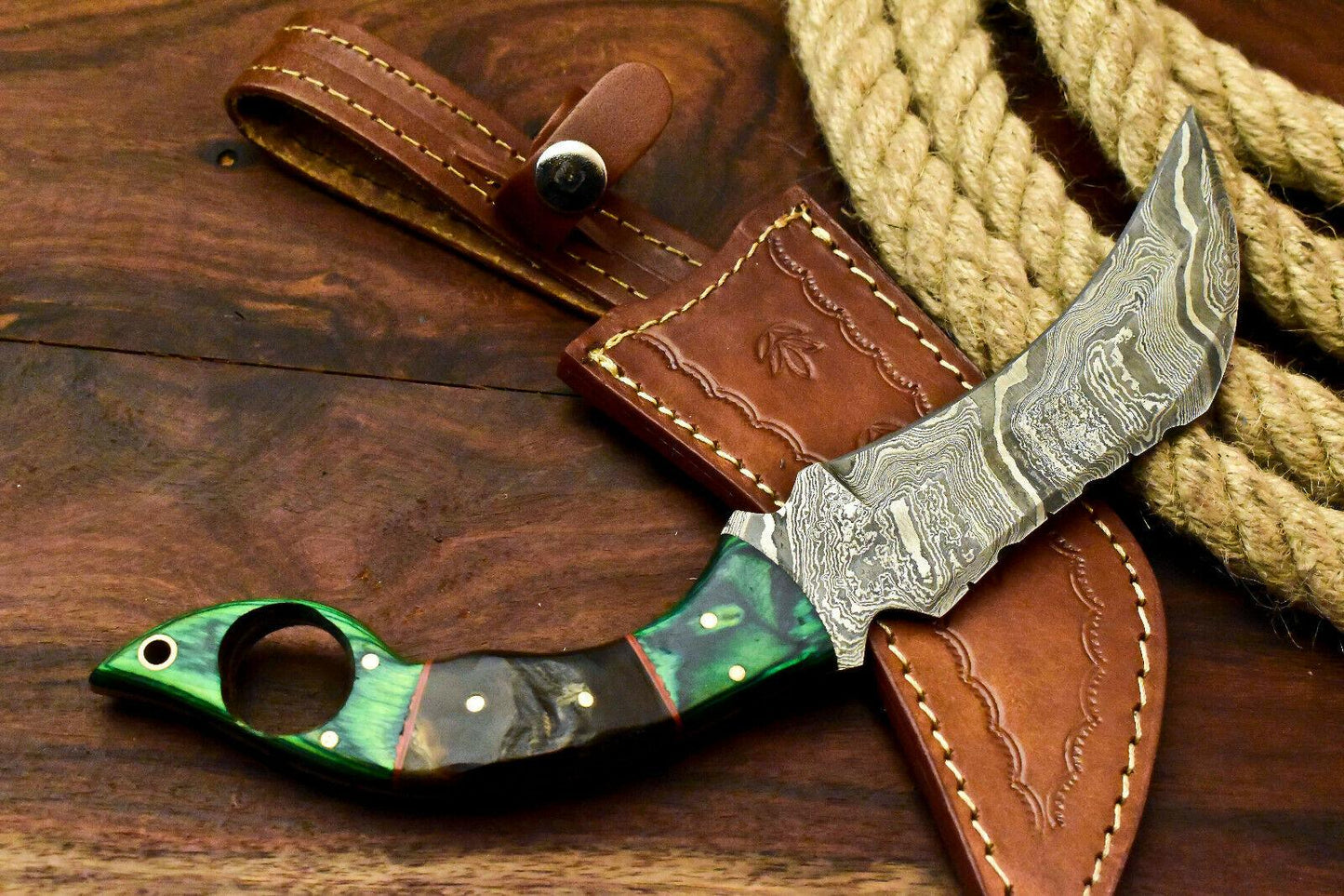 11" Handmade Damascus Karambit Full Tang Karambit Damascus Steel Knife With Ram’s Horn Handle
