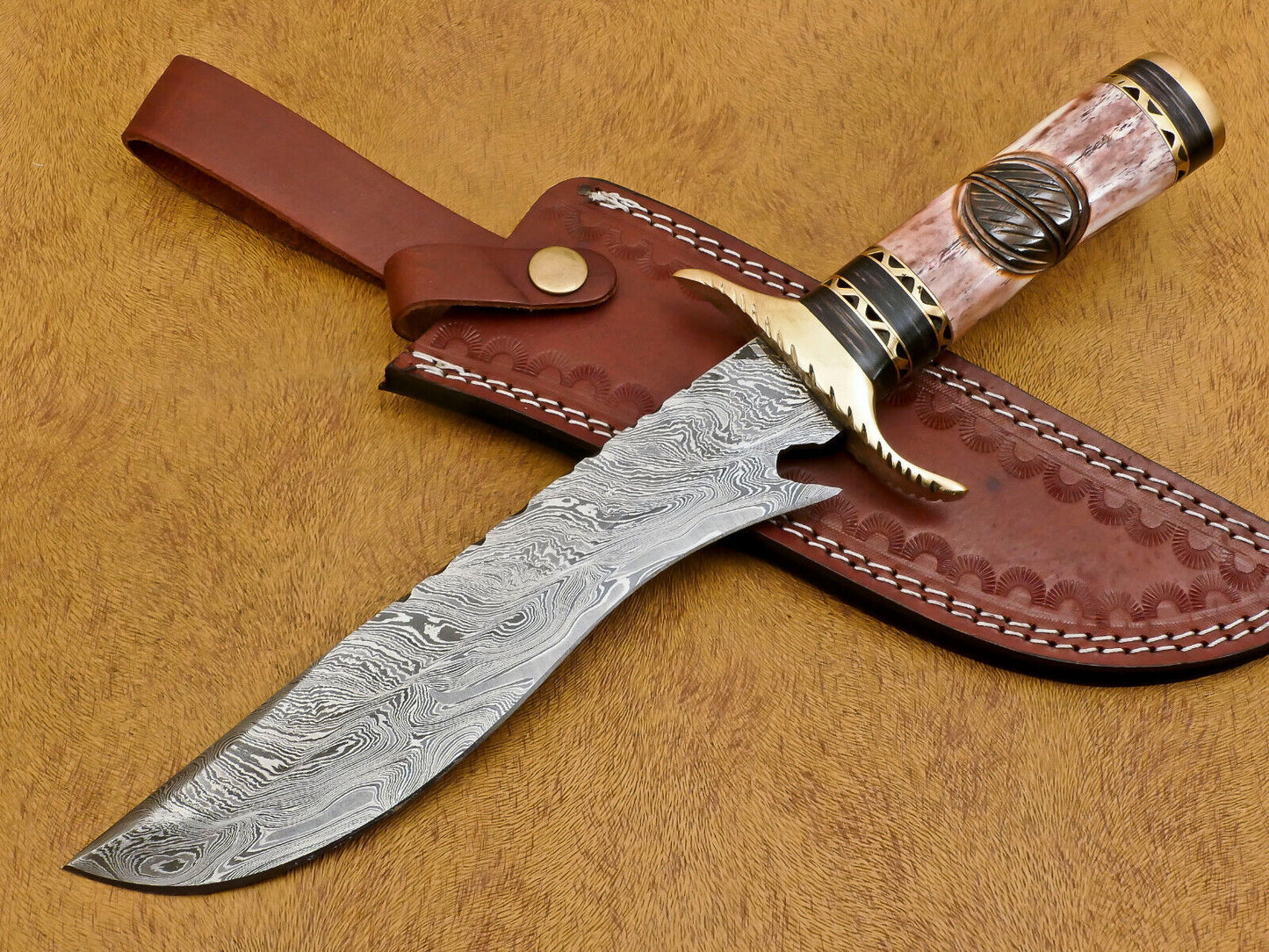 Handmade Damascus Bowie Knife – Camel Bone & Pakka Wood Handle, 13" with Brass Guard