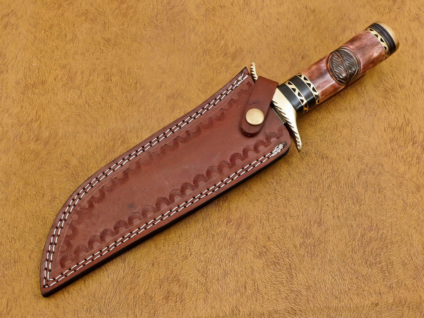 Handmade Damascus Bowie Knife – Camel Bone & Pakka Wood Handle, 13" with Brass Guard