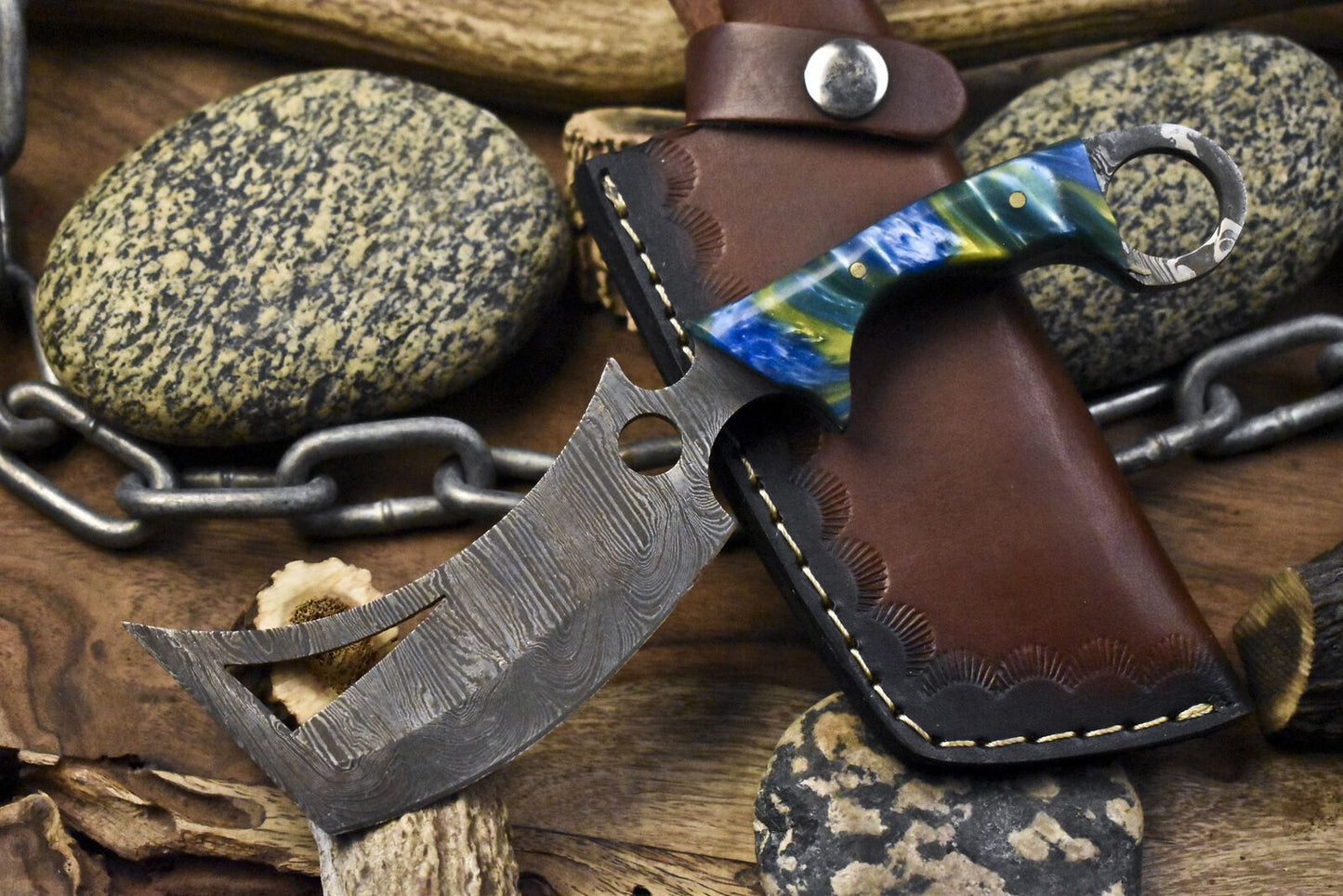 Forged Clever Chopper Axe Knife Twist Damascus Micarta Camping Unique with Leather Sheath