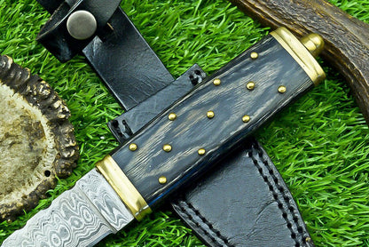 Heritage Forge 9 Inch Custom Damascus Steel Bowie Knife with Wood Handle and Brass Bolster